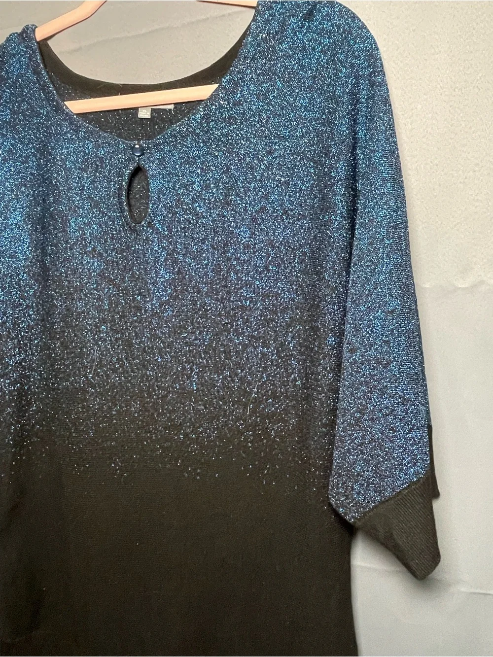 Sparkly Blue Black Gradient Ombre Dolman Knit Blouse ~ Keyhole Festive Sweater